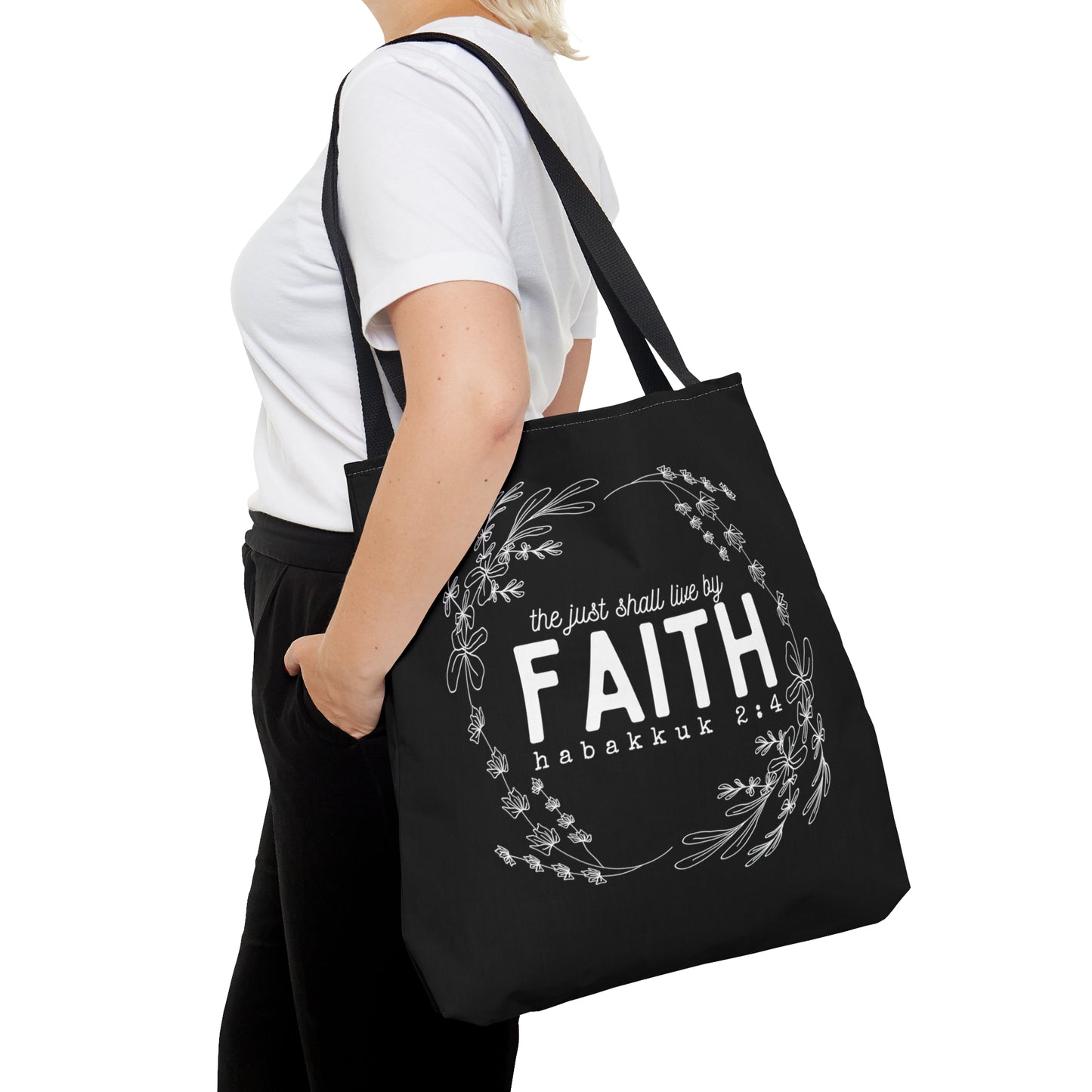 The Just Shall Live By Faith Black Tote Bag