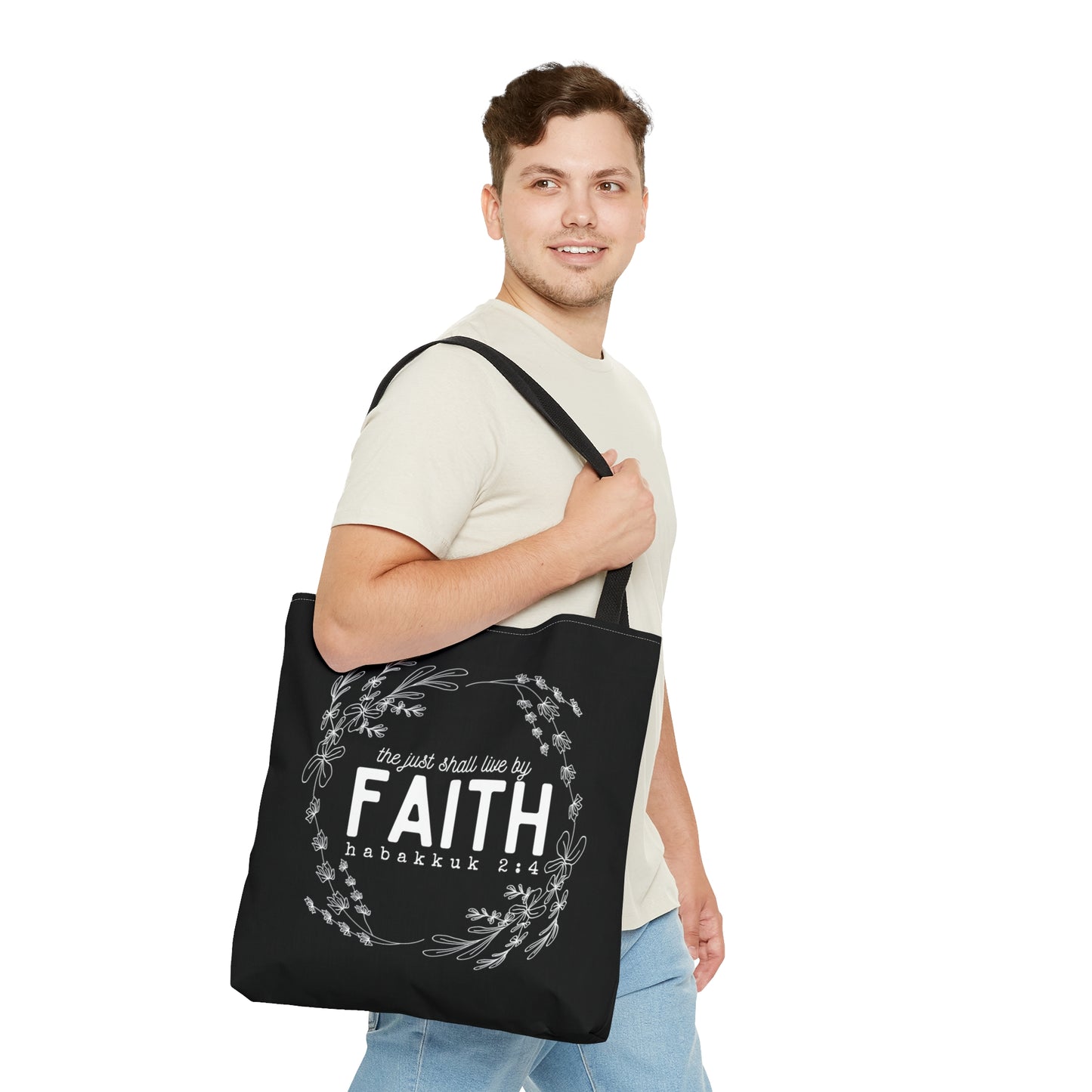 The Just Shall Live By Faith Black Tote Bag