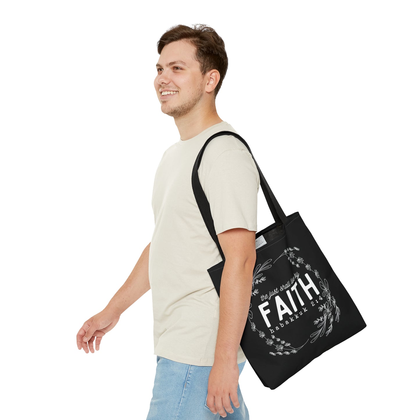 The Just Shall Live By Faith Black Tote Bag