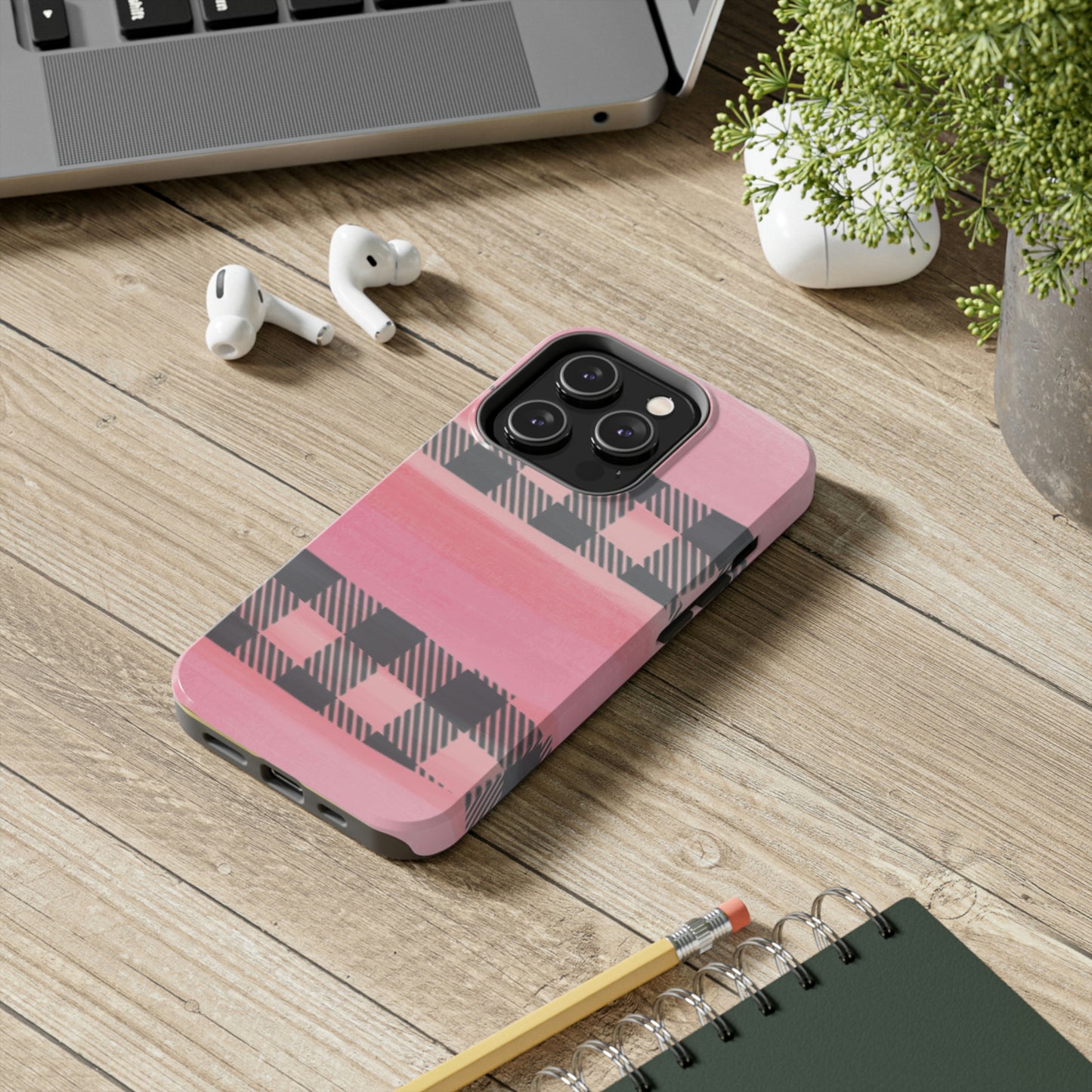 Watercolor Pink & Black Buffalo Plaid Case-Mate iPhone Case