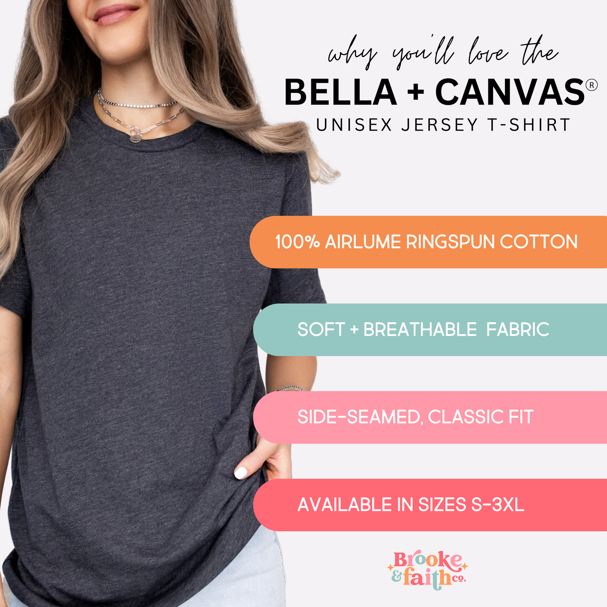 Infographic about Bella + Canvas T-shirt features including side-seamed classic fit, soft and breathable fabric and available in sizes S-3XL