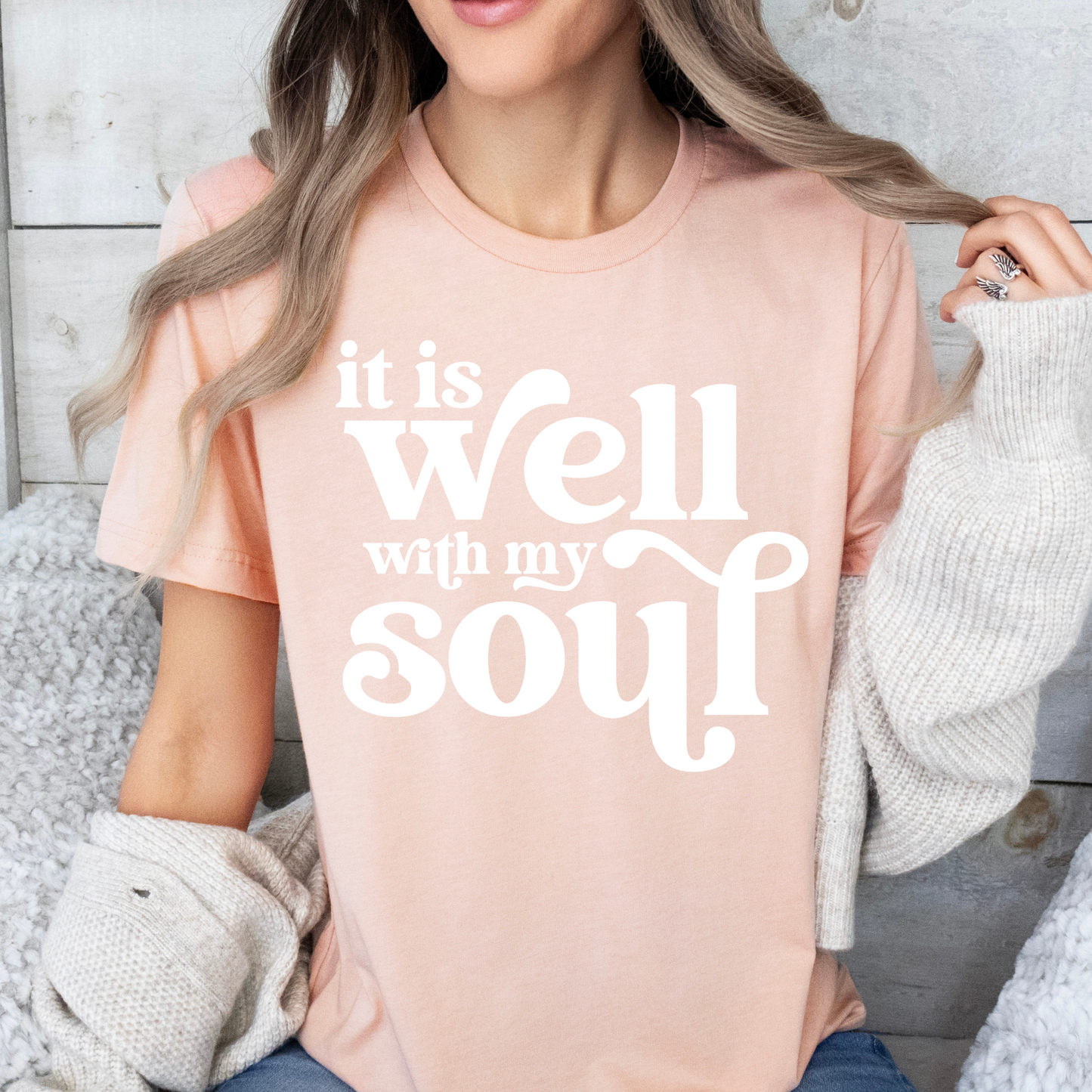 It is Well With My Soul Christian T-Shirt. Heather Prism Peach Bella + Canvas T-shirt