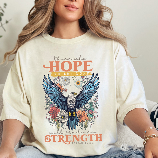 Boho Christian Comfort Colors T-shirt with Isaiah 40:31 Bible verse DTG printed.