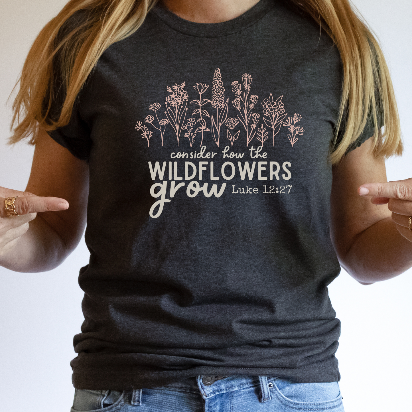 Consider How the Wildflowers Grow Christian T-shirt in Bella Canvas Heather Dark Grey
