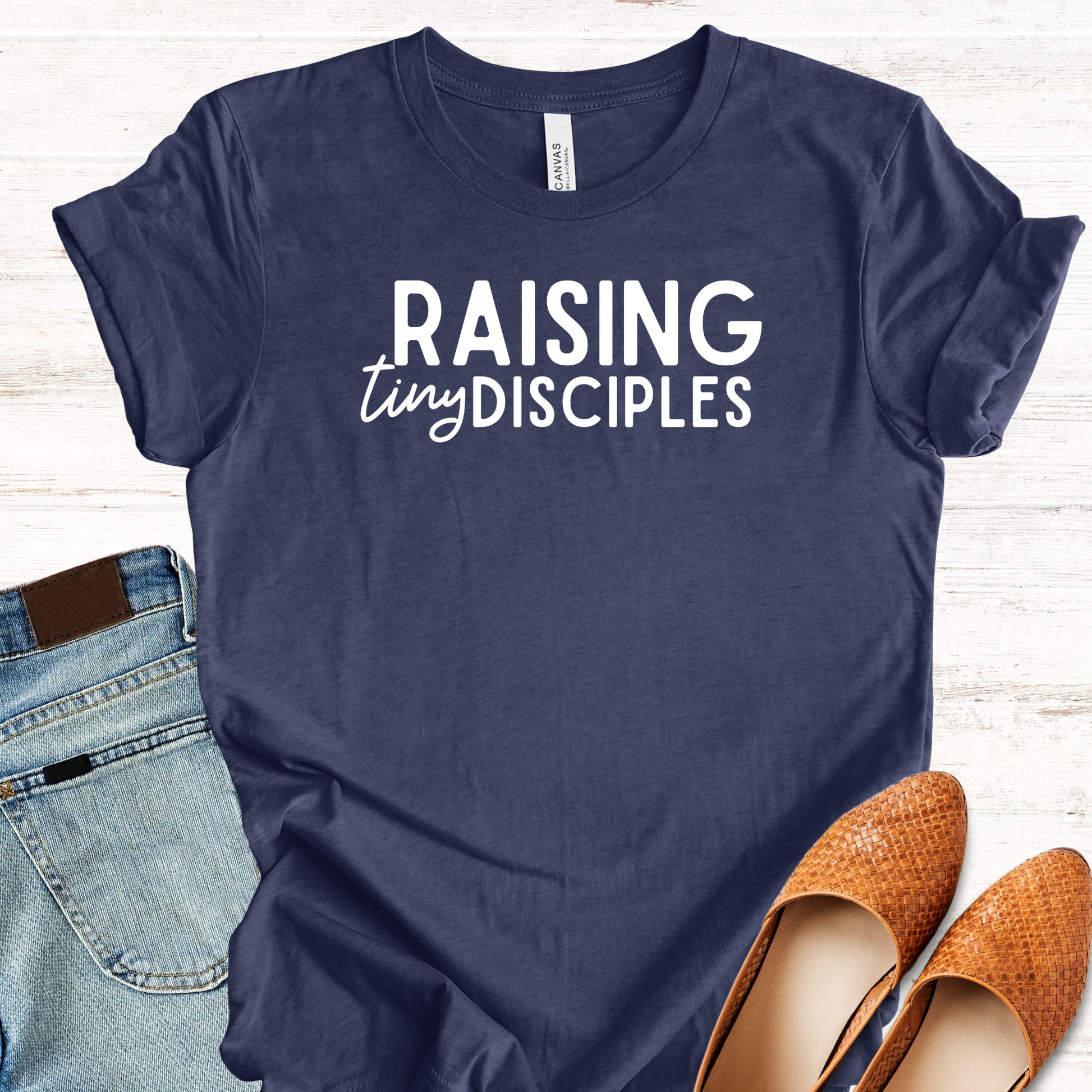 Raising Tiny Disciples Mom T-Shirt in Bella Canvas Heather Navy